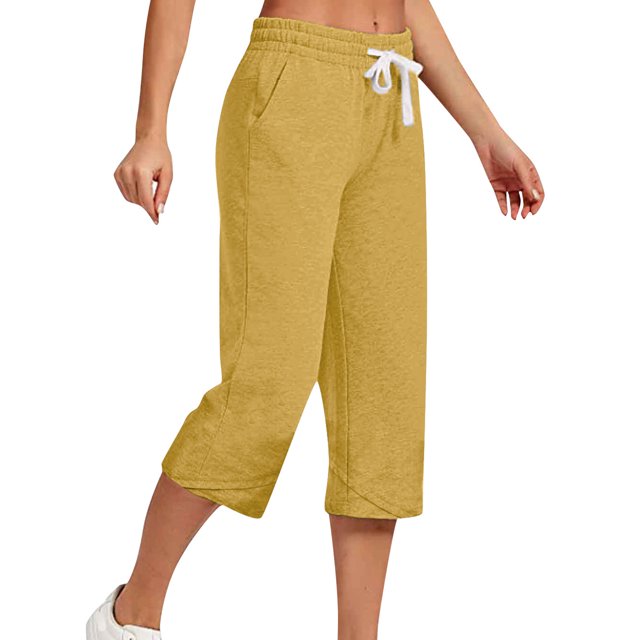 Innerwin Capris Solid Color Women Capri Pants Holiday Straight Leg Loose Fit Trousers Orange L