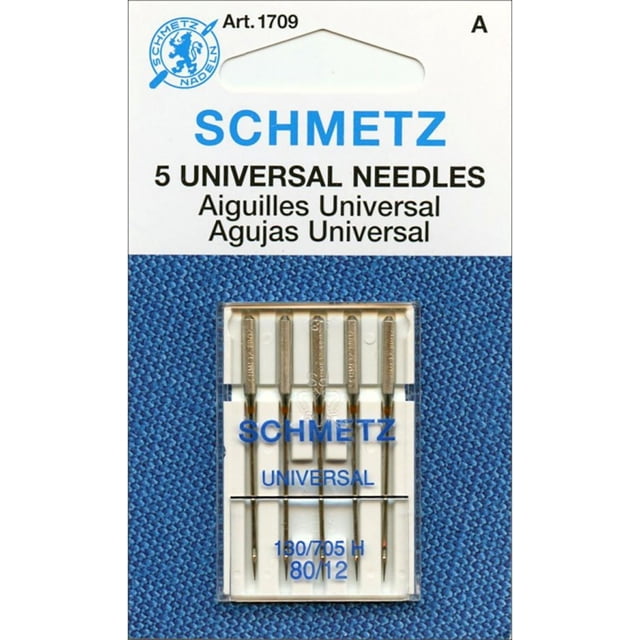 Schmetz Ensemble Universel d'Aiguilles de Machine Contenant Cinq Aiguilles de Taille 12/80 à Corps Plat, Convient à la Couture de Tissus Tissés et Tricotés, Affiché dans un Étui en Plastique Transparent sur Fond Texturé Bleu avec Marque Schmetz et Détails du Produit.