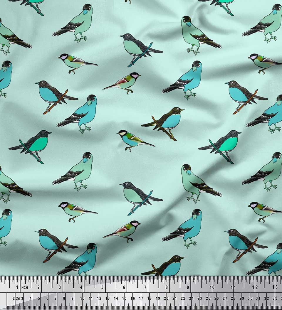 Soimoi Green Rayon Fabric Artistic Bird Print Fabric by Yard 58 Inch Wide