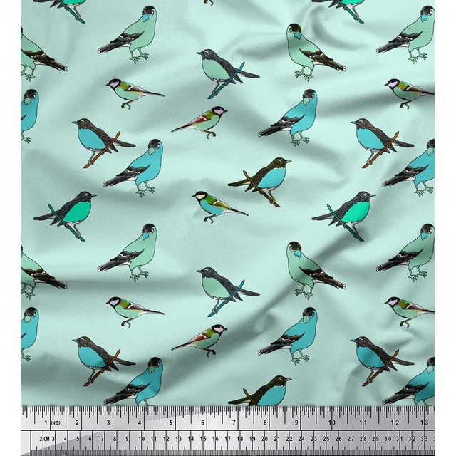 Soimoi Green Poly Georgette Fabric Artistic Bird Print Sewing Fabric Yard 52 Inch Wide