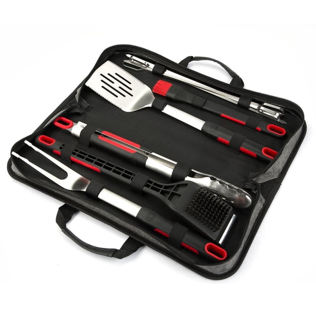 Expert Grill Grilling Accessories BBQ Grill Tools Set, 10 Pieces Stainless Steel Grill Kit organized inside a black zippered carrying case with handles. Includes stainless steel tongs, slotted spatula with serrated edge, fork, red silicone basting brush, grill cleaning brush, and four metal skewers, all with black and red soft-grip handles for comfortable outdoor BBQ cooking.