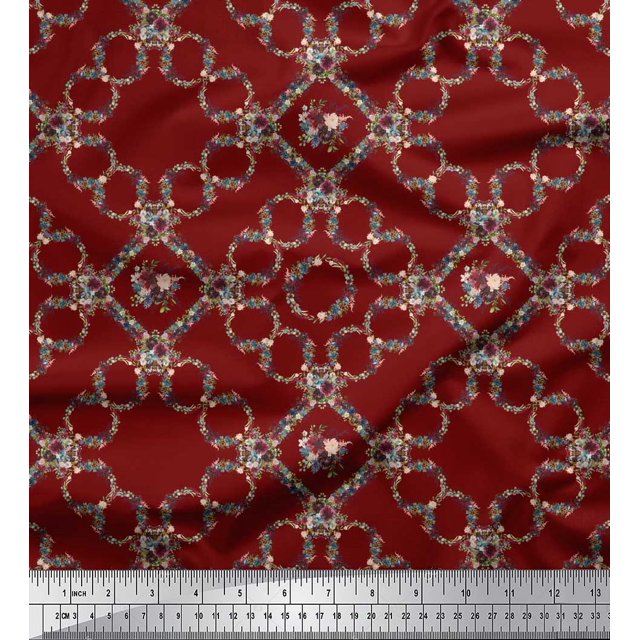 Soimoi Red polyester Crepe Fabric Floral Wreath Geometric Print Sewing Fabric Yard 52 Inch Wide