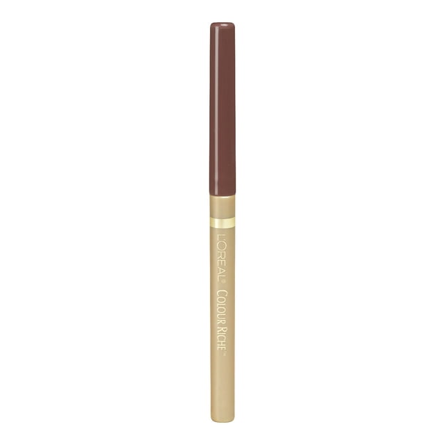 L'Oréal Paris Colour Riche Lip Liner in creamy brown with gold body and brown cap, infused with vitamin E and omega 3, designed for precise lip contouring, anti-feathering, and creating fuller lips, suitable for combination skin.