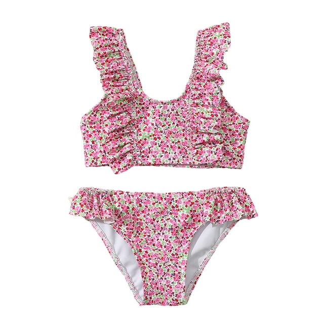 Huanglei Toddler Girls Swimsuit Set Ruffle Trim Bikini With Pastel Floral Pattern | UPF 50+ Sun Protction Swimwear ,5-6 Years