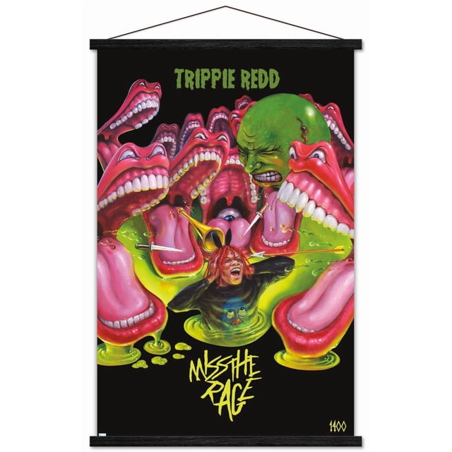 Trippie Redd - Miss the Rage Affiche Murale avec Cadre Magnétique, 22,375 Po x 34 Po Présentant une Oeuvre Surréaliste de Grandes Bouches Ouvertes Roses avec des Dents Blanches et de la Salive Verte Entourant un Visage Vert et une Figurine Émergeant d'Un Liquide Jaune-Vert, Ensemble sur Fond Noir avec Texte Vert et Jaune Audacieux, Convient à la Décoration Murale de Chambre Ou de Dortoir.
