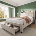thumbnail image 1 of Full Size Bed Frame with Storage Headboard, Wooden Full Bed Frame with Charging Station, Metal Platform BedFrame with Large Drawers, No Box Spring Needed, Easy Assembly, Beige, 1 of 7