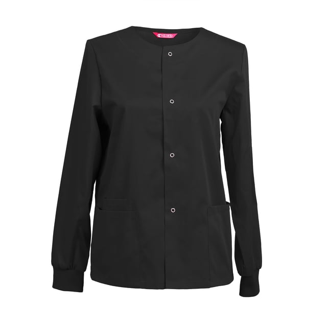 Womens Scrub Jacket Workwear Snap Front Warm-up Scrubs Jacket in black, featuring a round neck, snap closure, and long sleeves with ribbed cuffs. Made from a 65% polyester and 35% cotton blend, it includes three patch pockets for functionality. Suitable for machine wash and dry.