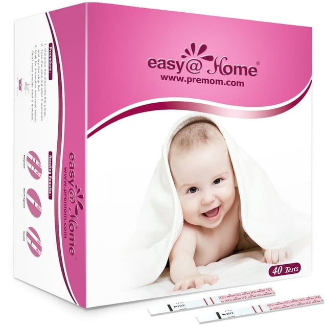 Easy@Home Test Kit de Bandes de Grossesse : Lot de 40 Bandes de Test HCG, Test de Grossesse à Domicile pour Détection Précoce, EZW1-S:40 (Rose). la Boîte Présente un design Rose et Blanc avec le logo Easy@Home et le Site Web, Convient à la Planification Familiale. Comprend 40 Bandes de Test Emballées Individuellement pour la Détection Précoce de la Grossesse avec des Niveaux de Sensibilité Élevés de 25 mIU/mL. Deux Bandes de Test Sont Affichées à l'Extérieur de la Boîte, Présent