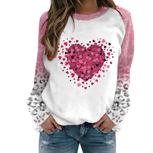 VALMASS Plus Size Valentine'S Day Raglan Sleeve Sweat-Shirts Mode Imprimé Cosy Tops Casual Col Rond Tunique Sweat-Shirts (M, Pink-B)