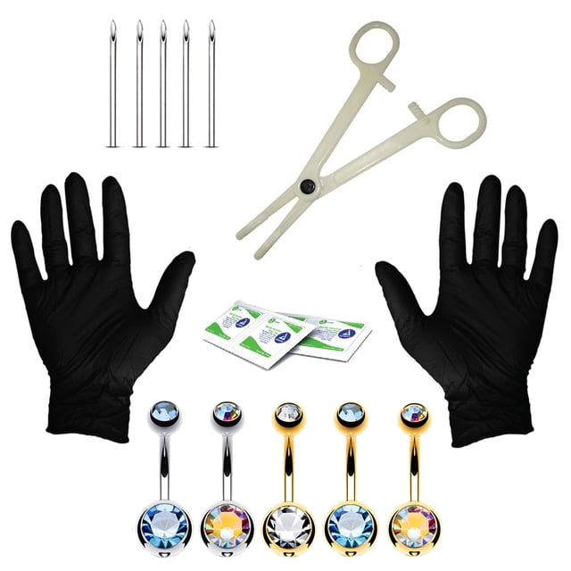BodyJ4You 15PCS Professional Piercing Kit Steel Goldtone 14G Double CZ Belly Navel Ring Body Piercing Set