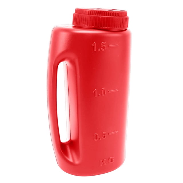 Handheld Fertilizer Spreader made of durable ABS material, shown in a vibrant red colour with a sturdy handle and measurement markings up to 1.5 kg. This portable spreader is suitable for spreading seeds, salt, fertilizer, and other materials. The package includes one handheld spreader and two covers.