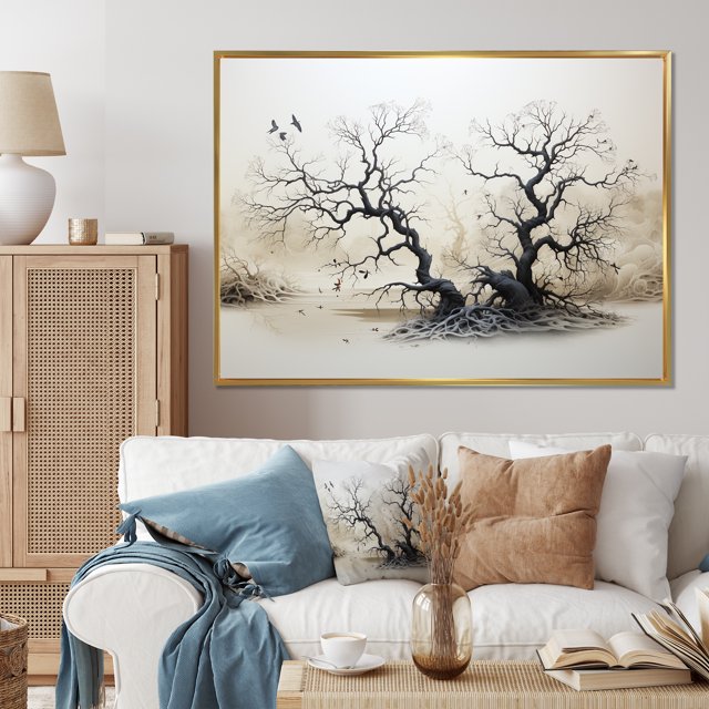 Designart Trees framed wall art decor, Tree Gold framed wall art, Grey White Tree Willows , Extra large Traditional Gold framed wall art, 32x16 inches Gold Frame