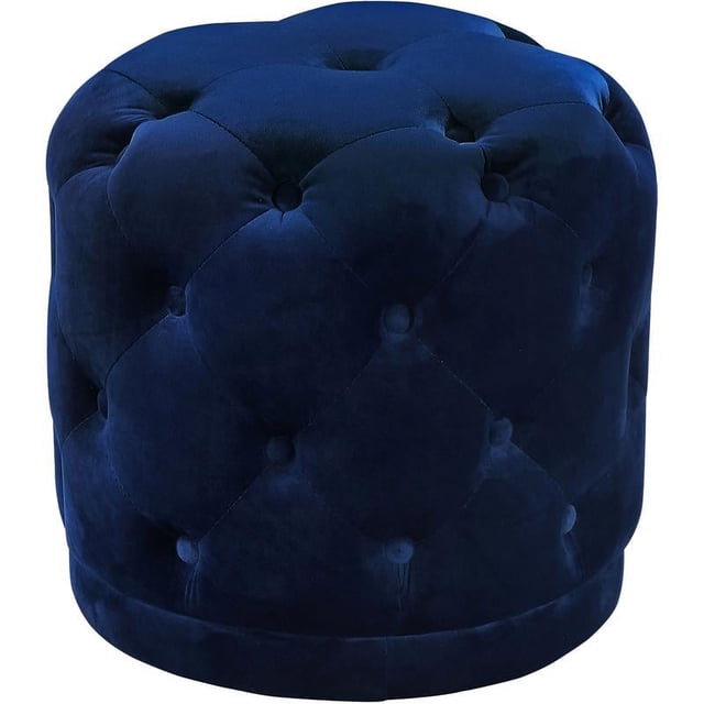 Meridian Furniture Harper Collection Modern | Contemporary Velvet Upholstered Ottoman / Stool with Deep Button Tufting, Solid Wood Frame, Navy, 18" W x 18" D x 17" H