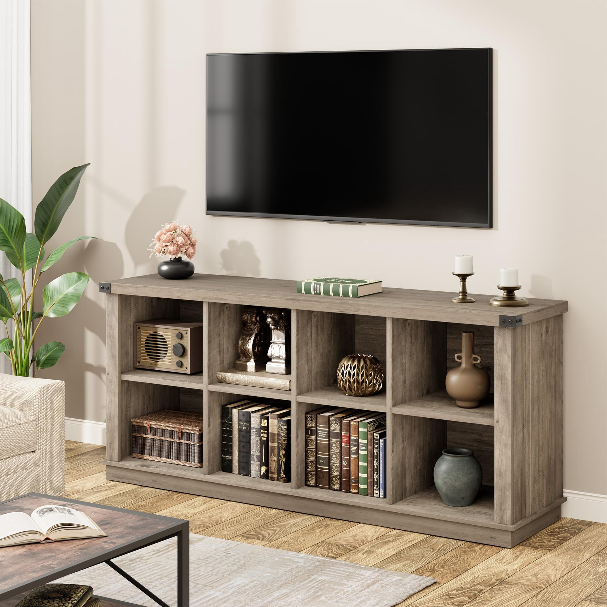 8 Cube Book Shelf, Rustic Farmhouse Wood Horizontal Bookshelf, Long Freestanding Bookcase Cabinet, 2-Tier Storage Organizer for Living Room, Entryway, Office, Rustic Grey