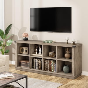 8 étagère de livre en cube, étagère horizontale en bois de ferme rustique, armoire de bibliothèque autonome, 2-Tier Organisateur de rangement pour salle de séjour, entrée, bureau, Rustic Grey
