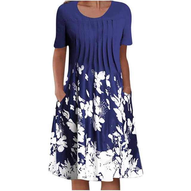 QJUHUNG Midi pour Femmes Été Décontracté Ample Bohème à Imprimé Floral Col Ras du Cou Manches Courtes Longueur Genou Robe Froncée avec Poches