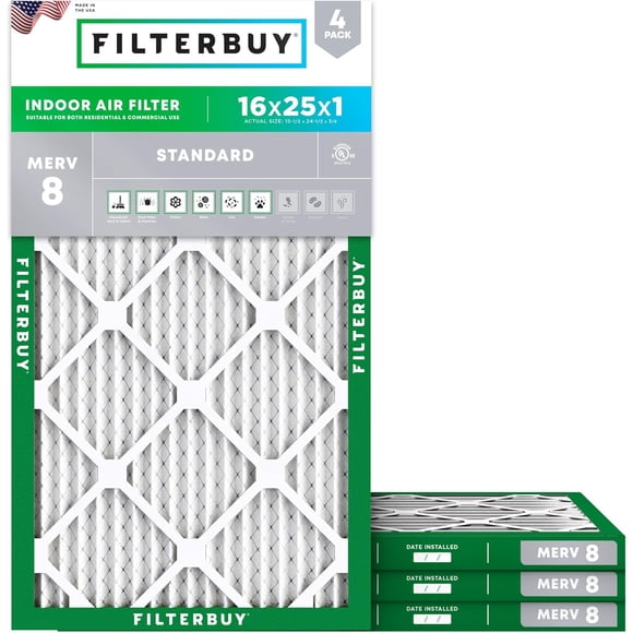 Filterbuy 16x25x1 MERV 8 (MPR 600) Dust Defense, Pleated HVAC AC Furnace Air Filters (4-Pack)