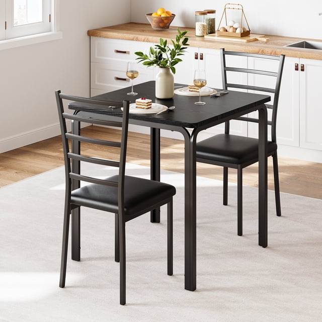 Dining Table for 2, Small Table and Chairs Set of 2, Dinette Set for 2, Square Dinner Table Set, 3 Piece Kitchen & Dining Room Sets for Small Space (Black, Dining Table with 2 Chairs)