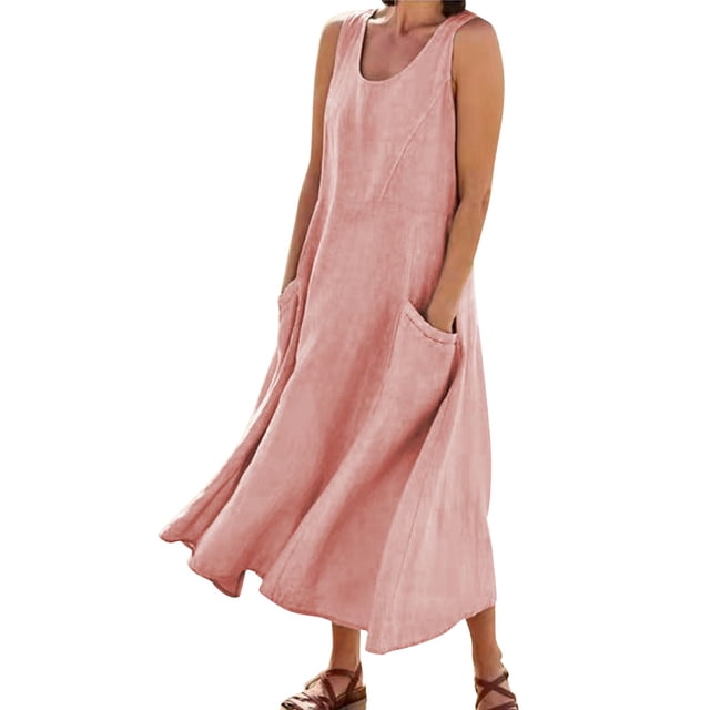 Kcodviy Robe en Jean pour Femmes, Couleur Unie, Col Rond, Grande Taille, avec Poches, Décontractée, Longue, Robe Grande Taille, Robe Débardeur Quotidienne