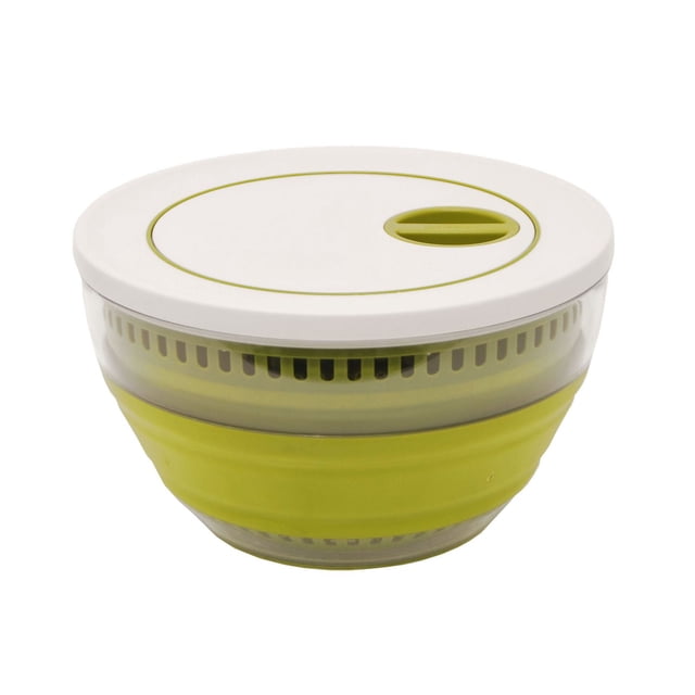 Starfrit collapsible salad spinner with a white lid and green silicone collapsible body, transparent outer bowl, and removable basket, designed for compact storage and versatile use in kitchen utensils and salad tools.