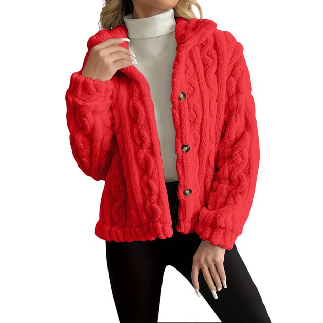 Breezora Manteau en Molleton Réversible pour Femme, Hiver, Chaud, Col Montant, Boutonné, Veste à Motif Torsadé, Taille g, Rouge