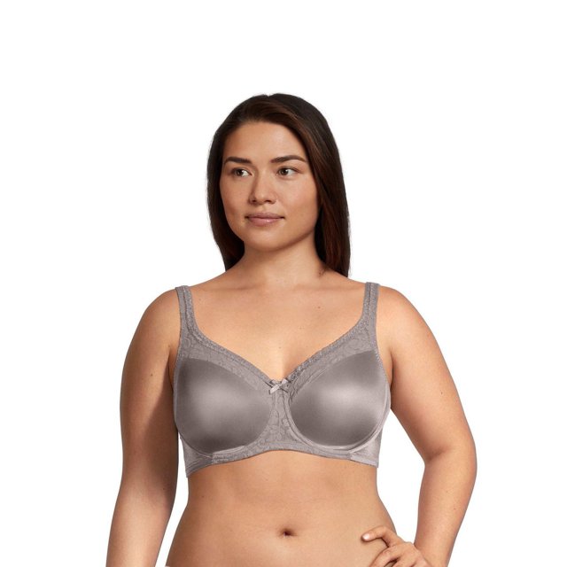 Warners Women's Firm Support Underwire Minimizer Bra in grey, front view on a model, featuring smooth molded cups with lace trim and firm underwire support, designed to reduce bust size by up to one cup while providing natural shaping, available in sizes 36C to 42D.