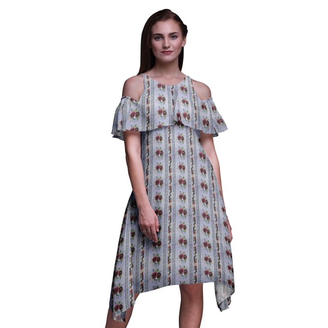 Bimba Robe Midi Évasée pour Femme à Épaules Dénudées, Imprimé Floral Violet, Manches Volantées, Tunique - XX-Grand