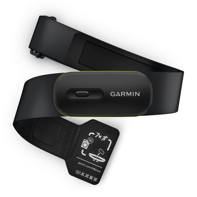 Garmin HRM 600 Heart Rate Monitor (XS-S) centered close-up of a black adjustable chest strap with detachable rechargeable module and Garmin logo; shows textile strap texture and snap attachment; provides waterproof real-time heart rate and HRV data and running dynamics (step speed loss); records workouts for later sync to Garmin Connect and is suitable for team-sport sessions when a watch can't be worn.