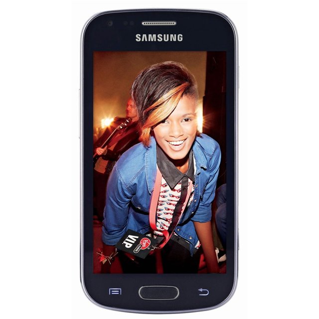 Samsung Ace II X smartphone displaying a person wearing a blue denim jacket over a patterned shirt with red and blue eye designs, holding a red lanyard with a Virgin Mobile VIP pass, set in a dim indoor environment with a guitarist in the background.