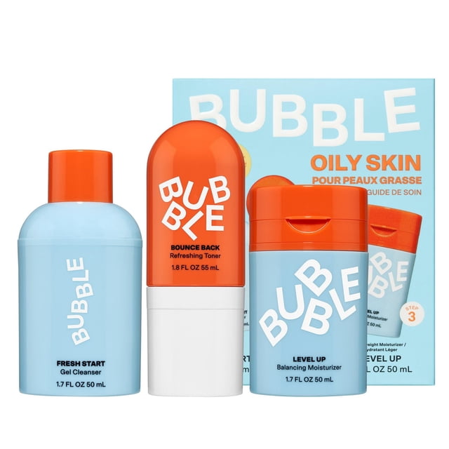 Bubble Skincare 3-Step Balancing Bundle for Normal to Oily & Combination Skin with Fresh Start Gel Cleanser 50ml in light blue bottle with orange cap, Bounce Back Refreshing Toner 55ml in orange and white bottle, and Level Up Balancing Moisturizer 50ml in light blue bottle with orange flip cap, displayed with branded blue and orange box, suitable for acne-prone and combination skin skincare routine.