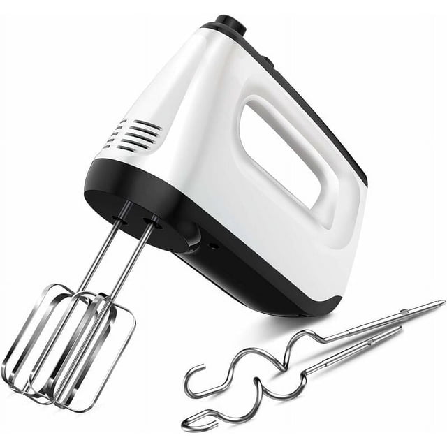 Electric hand mixer with a sleek white and black ergonomic design, featuring two stainless steel whisks and two dough hooks. Includes a snap-on storage case for organized kitchen storage, a powerful 400W copper motor for efficient mixing, and dishwasher-safe attachments for easy cleanup.