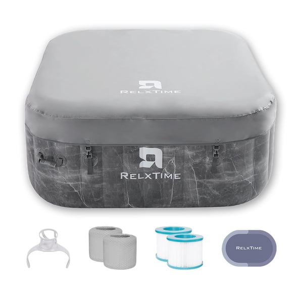 RELXTIME Inflatable Hot Tub 2 to 4 Person 61 Inch Outdoor Square Portable Home Spa with 110 Soothing AirJets,Spa Cover,Heater Pump,and Filter Cartridges