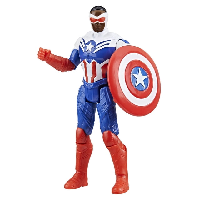Marvel Avengers Epic Hero Series Captain America 4-inch action figure in red, white, and blue suit with star emblem on chest, holding a circular shield with star design, featuring articulated joints for posing and play.