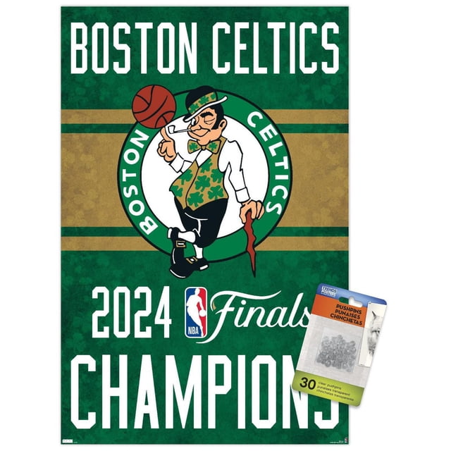 NBA Celtics de Boston - Affiche Murale du Logo de l'Équipe des Finales NBA 2024, 22,375 Po x 34 Po Encadrée, Mettant en Vedette la Mascotte des Celtics de Boston Qui Fait Tournoyer un Ballon de basketball, avec Texte Blanc Audacieux Lisant « Celtics de Boston » et « 2024 NBA Finals Champions » sur Fond Vert et Or, Convient à la Déco de Chambre de fan de sports et à la Décoration de Fête.