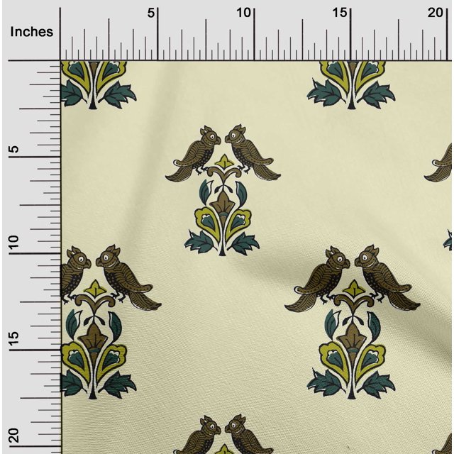 oneOone Polyester Lycra Fabric Leaves|Bird & Floral Block Printed Craft Fabric BTY 56 Inch Wide