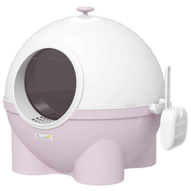 PawHut Grande Litière pour Chat, une Litière pour Chat Fermée Rose et Blanche avec un design en Dôme. Comprend une Porte Circulaire avant avec un drain de Sable pour Prévenir les Déversements de Litière, une Pelle Attachée sur le Côté pour Plus de Commodité, et un Intérieur Spacieux Convenant aux Chats jusqu'à 8,8 Lb. Fabriquée en Polypropylène et polycarbonate, Elle Mesure 20,9 Pouces de long, 20,1 Pouces de Large et 18,9 Pouces de Haut. la Conception Séparée Permet un Nettoyage Facile et le Remplacement de la Litière