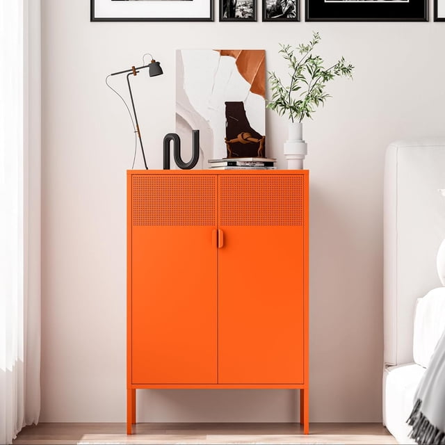 CHSHIN 47.2"H Orange Metal Locker Storage Cabinet with 2-Mesh Doors,3-Tier for Office,Home,Entryway