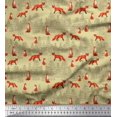 thumbnail image 1 of Soimoi Beige Modal Satin Fabric Cedar Tree & Fox Animal Printed Fabric 1 Yard 42 Inch Wide, 1 of 5