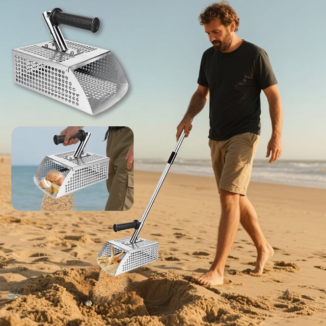 BKER Sand For Metal Detecting Metal Detector Sand Flea Rake For Beach With Slip Handle Heavy Duty Stainless Steel Sand Shovel With Long Handle Ideal For Underwater T