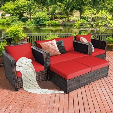 Costway Ensemble de Mobilier de Terrasse en Rotin 5 Pcs Causeuse Sofa Ottoman Coussiné Rouge