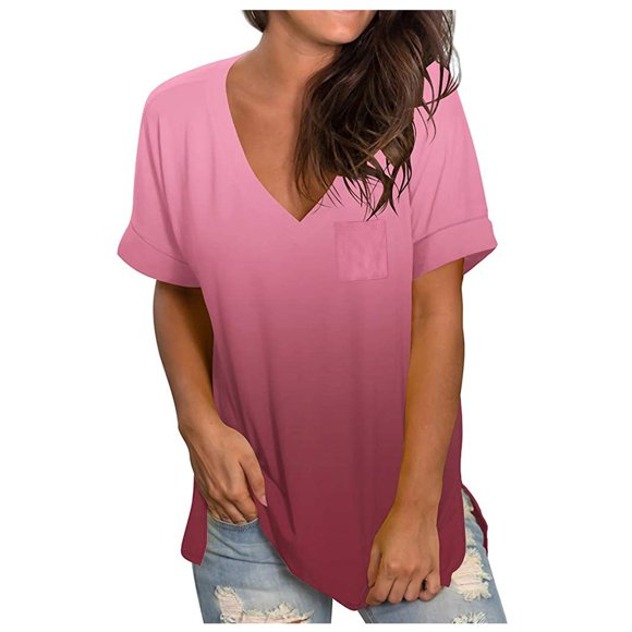 fartey Short Sleeve Shirts for Women Trendy Gradient Print Roomy Fit Tshirts with Pocket Casual V Neck Short Sleeve Tops