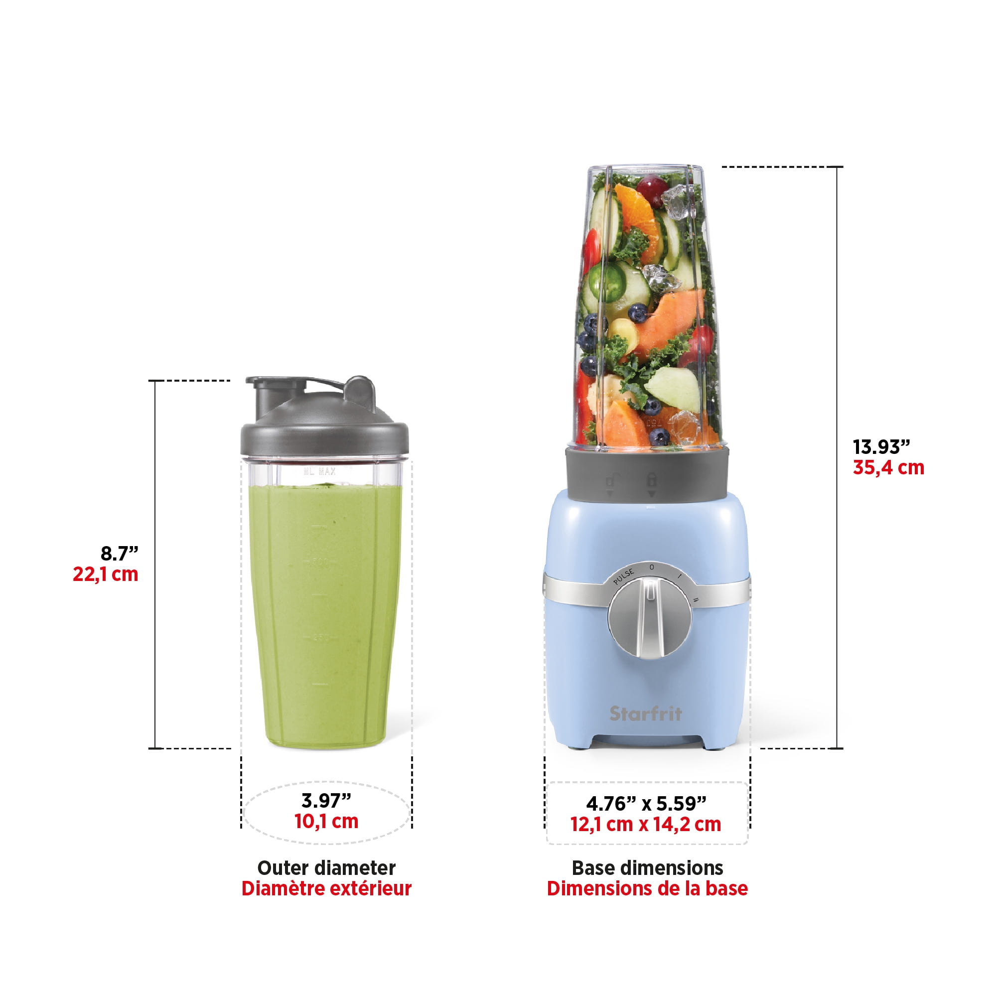 Starfrit Mélangeur Personnel 7 pièces : 2 gobelets de 828 ml (28 oz), 2 couvercles de voyage, 2 lames, 3 vitesses : Faible, Élevée et Pulse, 300 W