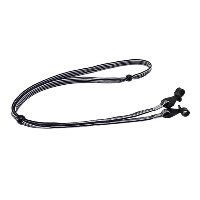 Eyewear Retainer Adjustable Eyewear Holder, Universal Eyewear Retainer, Black. A lightweight and slim elastic rope strap in black with white stripes, featuring adjustable tightness and durable clips for securing eyeglasses, sunglasses, or reading glasses. Foldable size of 35.5 cm (13.97 inches).