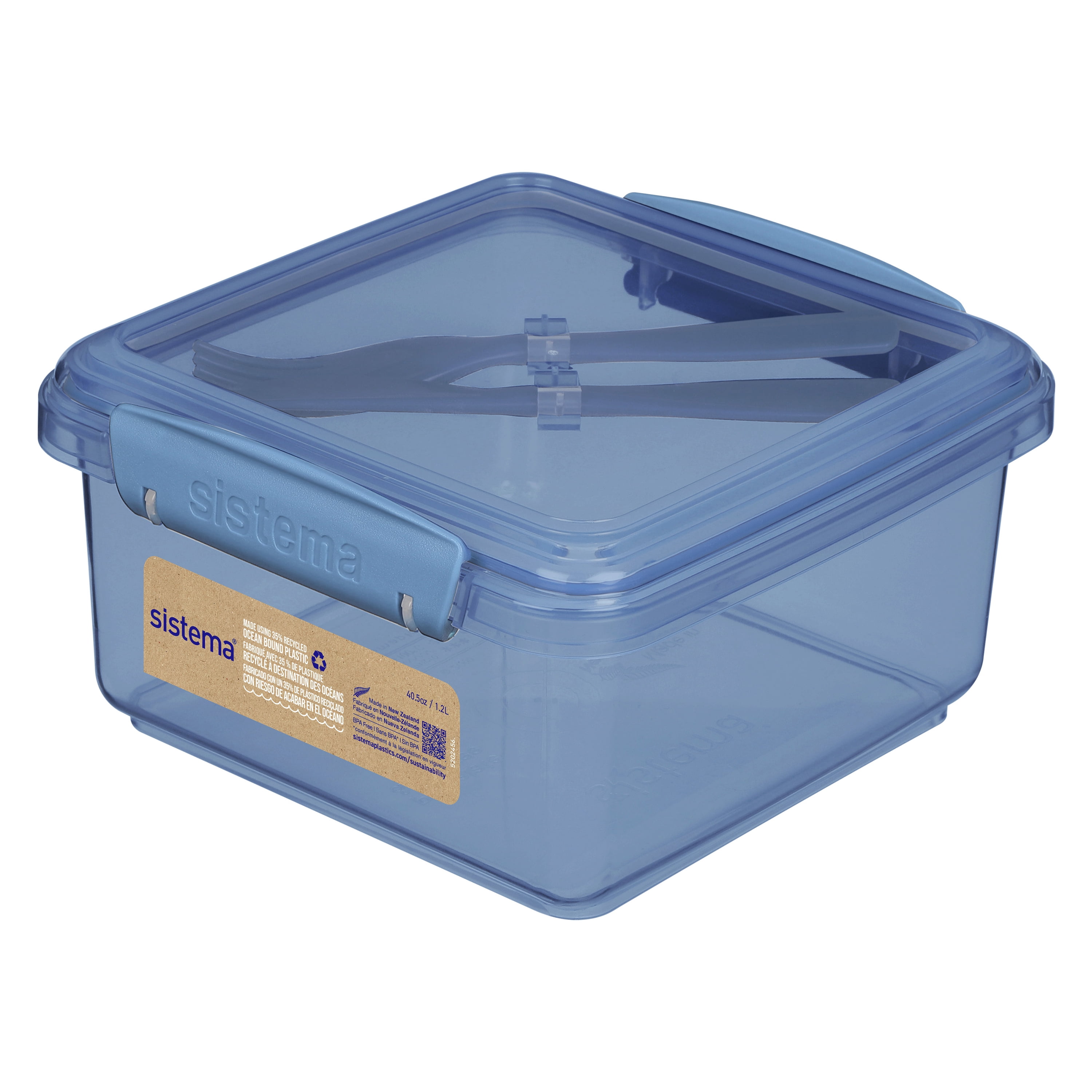 Sistema Ocean Bound Plastic Lunch Box Plus Cutlery, 1.2 L Food Storage Container, BPA-Free, Teal or Blue (Colour Not Selectable)
