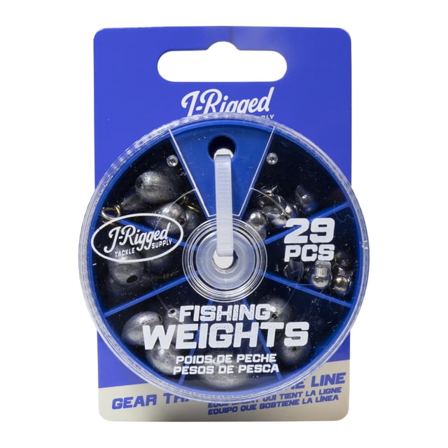 J-Rigged Tackle Supply Fishing Weight Assortment clear plastic storage case with organized compartments holding assorted split shot, bass casting and egg sinkers in multiple sizes for casting, trolling and depth control; often used as small ballast for model-boat testing.