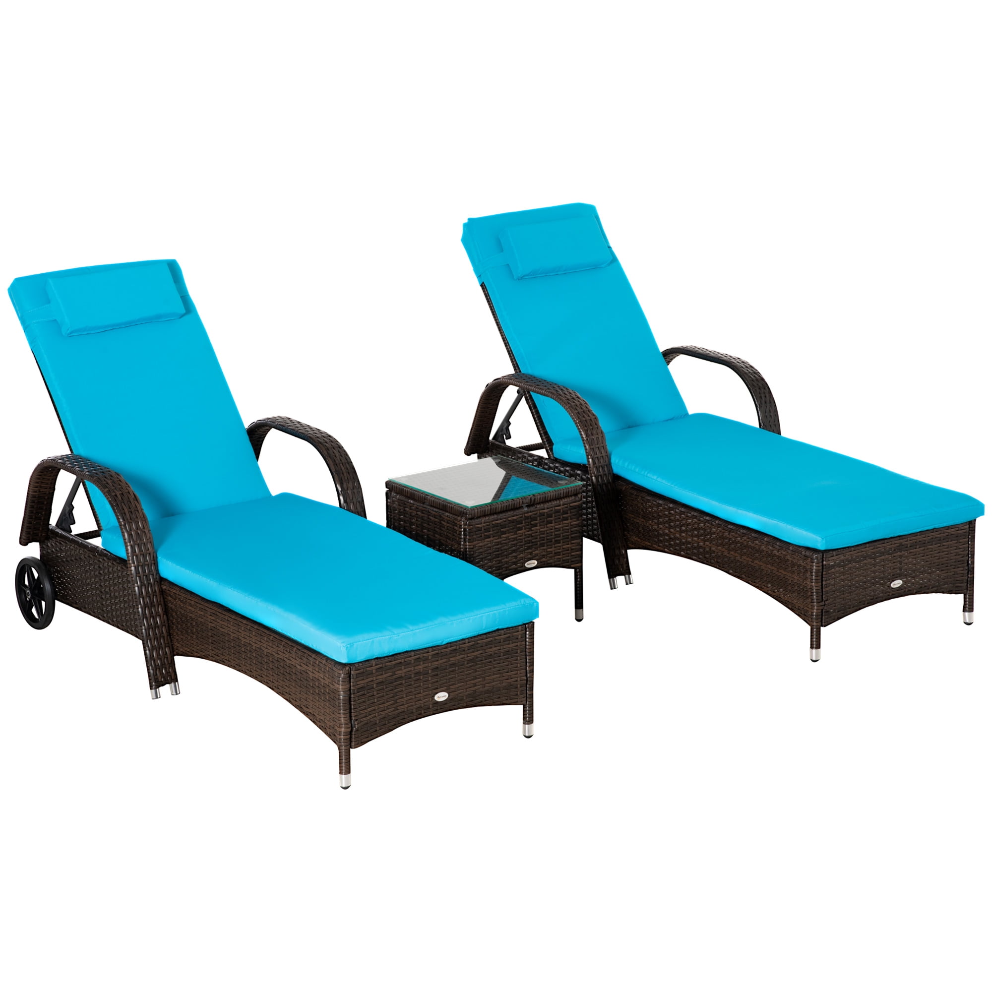 Outsunny Wicker Patio Lounger Set with Padded Cushions, Brown/Blue