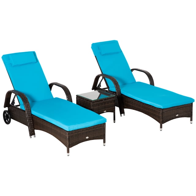 Outsunny Wicker Patio Lounger Set with Padded Cushions - Set of 2, Brown/Blue. This 3-piece outdoor furniture set includes two reclining chaise loungers with blue cushions and a matching side table with a glass top. The loungers feature weatherproof brown PE rattan construction, five adjustable positions, and wheels for easy mobility. The side table provides a convenient surface for drinks or accessories. Ideal for patios, gardens, or poolside relaxation.