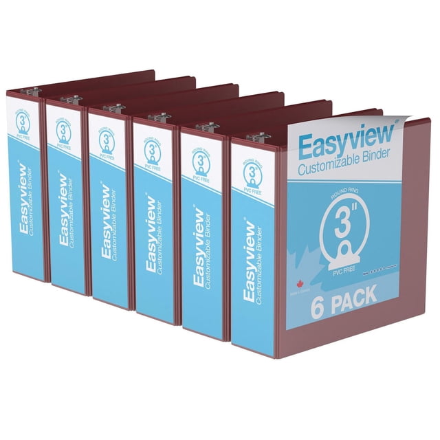 Davis Group Easyview Premium Round Ring Customizable View Binder 6 Pack 3 inch with six maroon binders featuring clear overlay on front, spine, and back covers, PVC-free 3-inch round rings that lie flat, clear interior pockets for loose documents, made in Canada, ideal for presentations and reports.