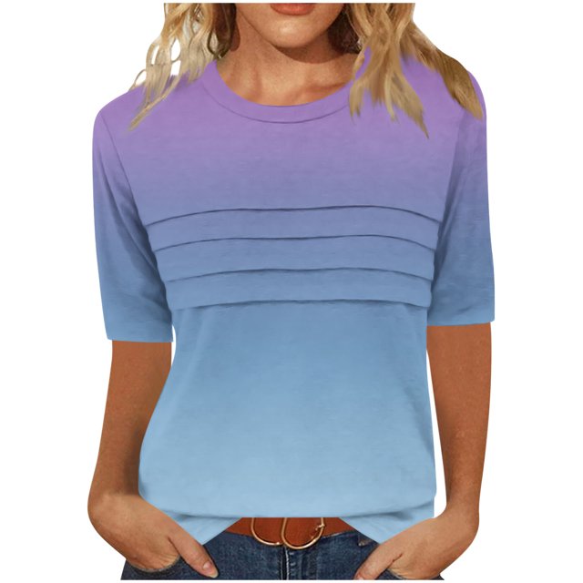 Pisexur Hauts de Printemps pour Femmes 2025, Hauts pour Femmes, T-shirt à Col Rond Plissé à Manches 3/4 pour Femmes, Coupe Ample, Manches Raccourcies, Bleu Marine, P