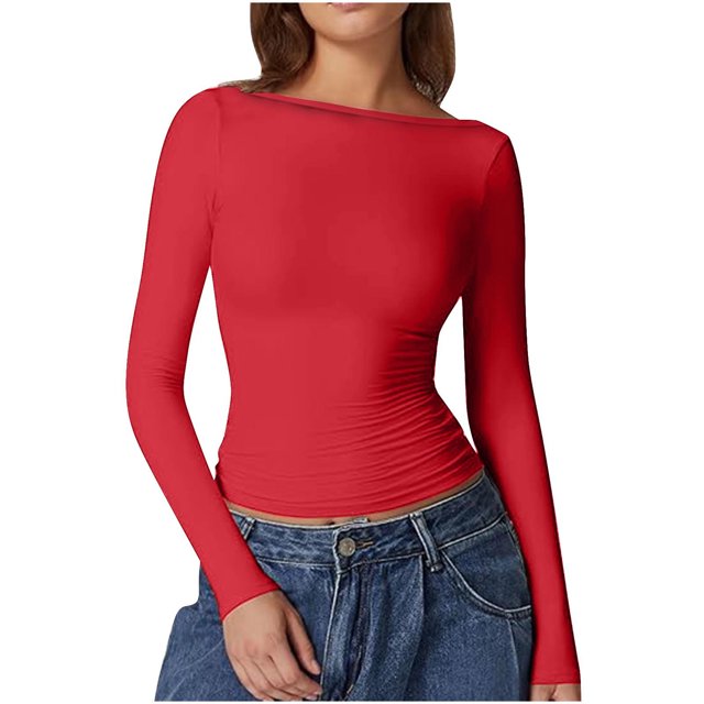 Dealovy Womens Long Sleeve Shirts Round Neck Slim Fitted Going out Tops Solid Color Basic Undershirts